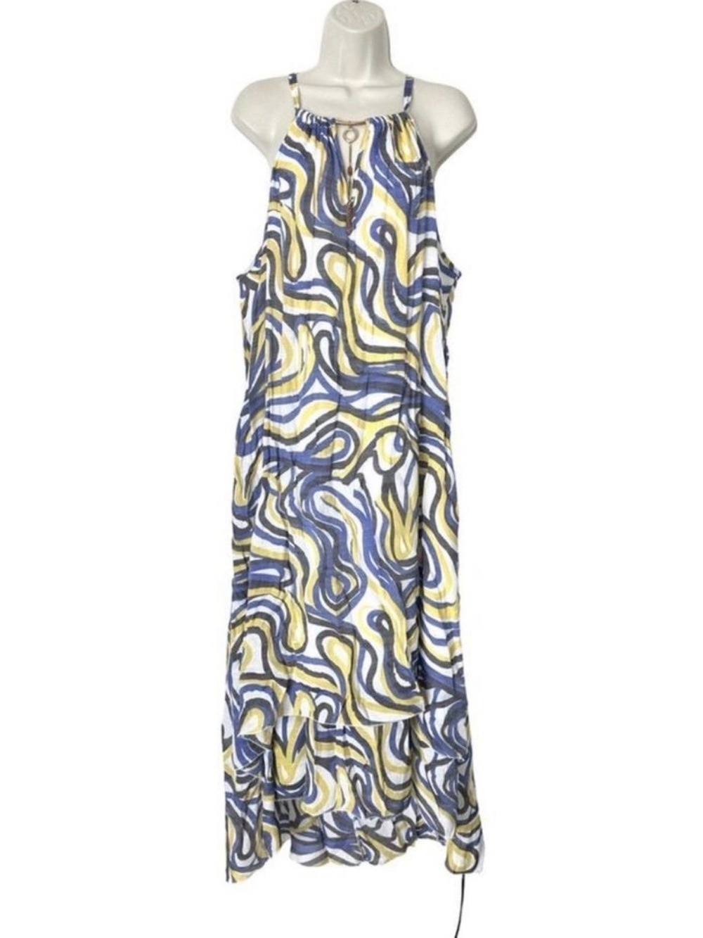 Mlle Gabrielle Halter Tiered Hi Low Maxi Dress Size 3X Abstract Boho Flowy Party